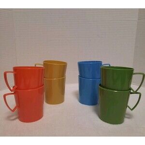 Vintage Stackable Plastic Camping Cups Set of 8 Retro Colors Handled Unbranded